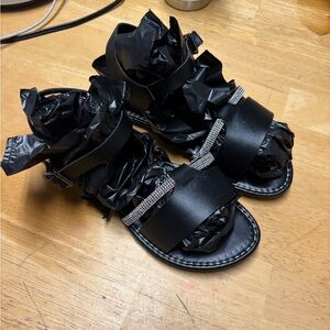 Black Rhinestone Strap Flat Sandals